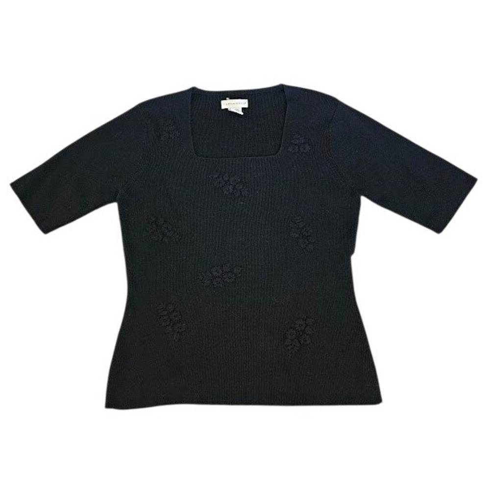 Yarnworks Vintage Sweater Women Black Floral Embroidered Medium